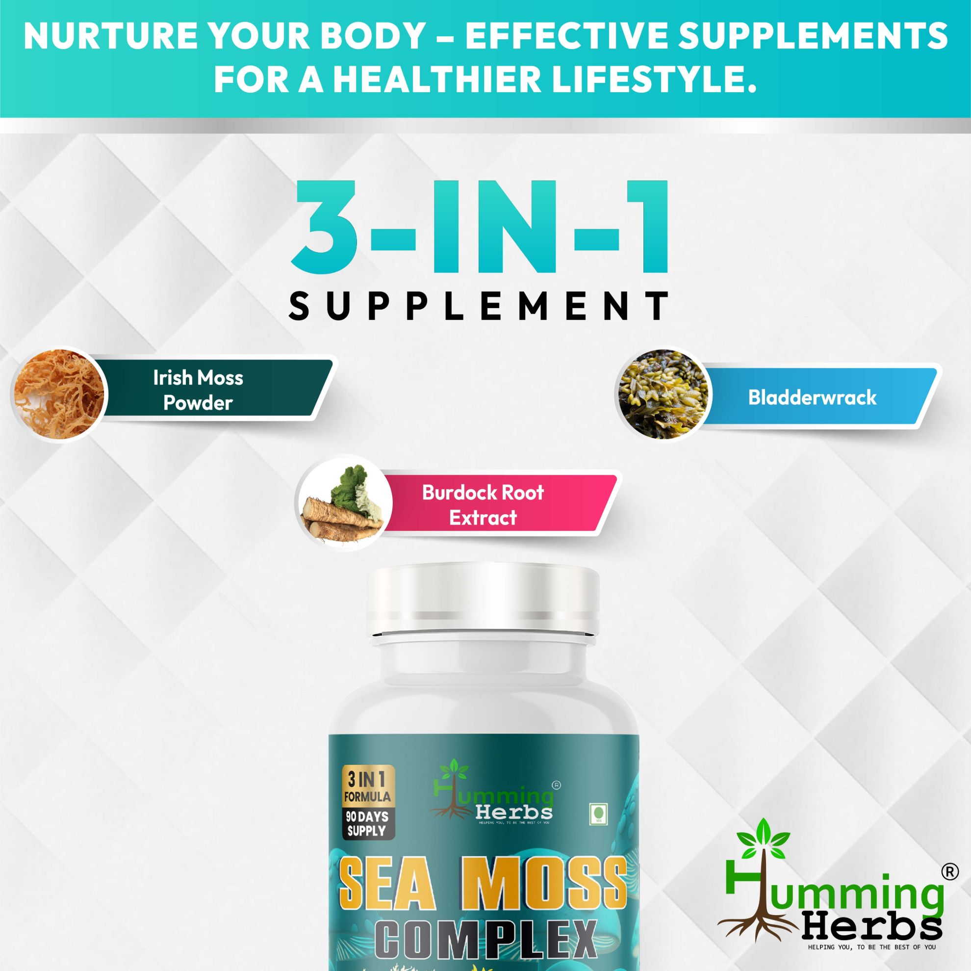 Picture of Sea Moss Complex 3-in-1 Formula with Irish Moss, Bladderwrack & Burdock Root - 180 Capsules (1100mg, 90 Days Supply)