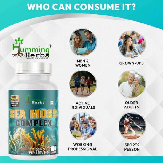 Picture of Sea Moss Complex 3-in-1 Formula with Irish Moss, Bladderwrack & Burdock Root - 180 Capsules (1100mg, 90 Days Supply)