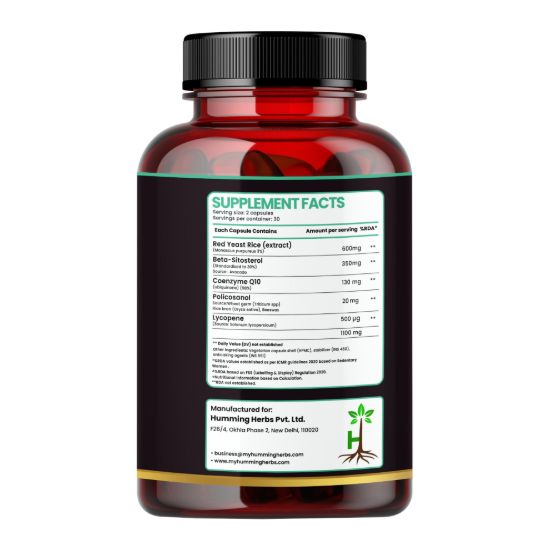 Picture of Red Yeast Rice Capsules 1100mg - 5-in-1 Formula with CoQ10, Beta-Sitosterol, Policosanol & Lycopene for Cholesterol Management & Heart Health Support - 60 Vegetarian Capsules