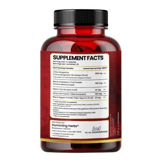 Picture of Citrus Bergamot Capsules - 5 in 1 Formula with Black Chokeberry, Olive Leaf, Niacin & Black Pepper - 1110mg, 90 Veg Capsules for Cardiovascular & Metabolic Health Support