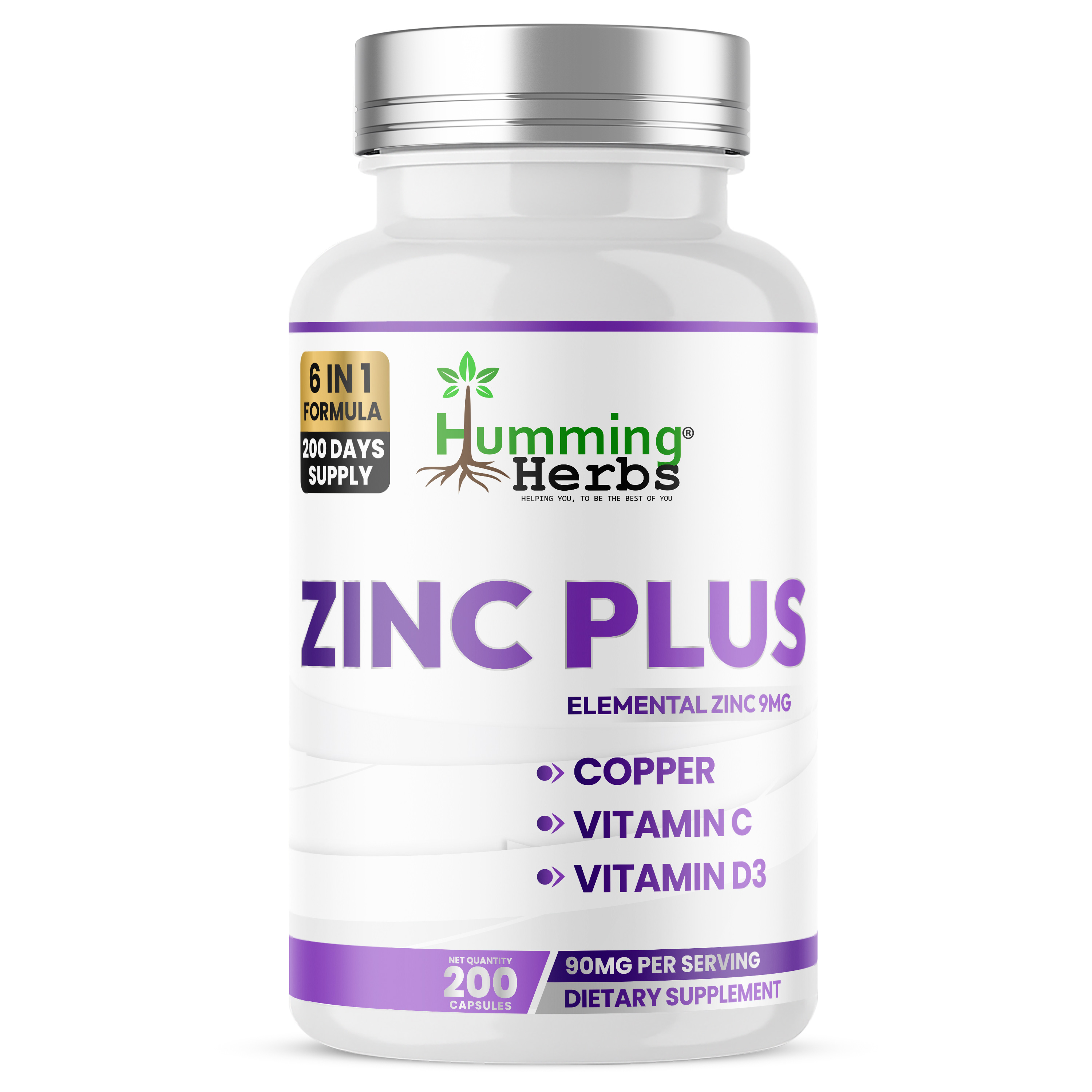 Humming Herbs® Zinc Plus 9mg Bisglycinate with Copper, 200 Capsules — front of bottle