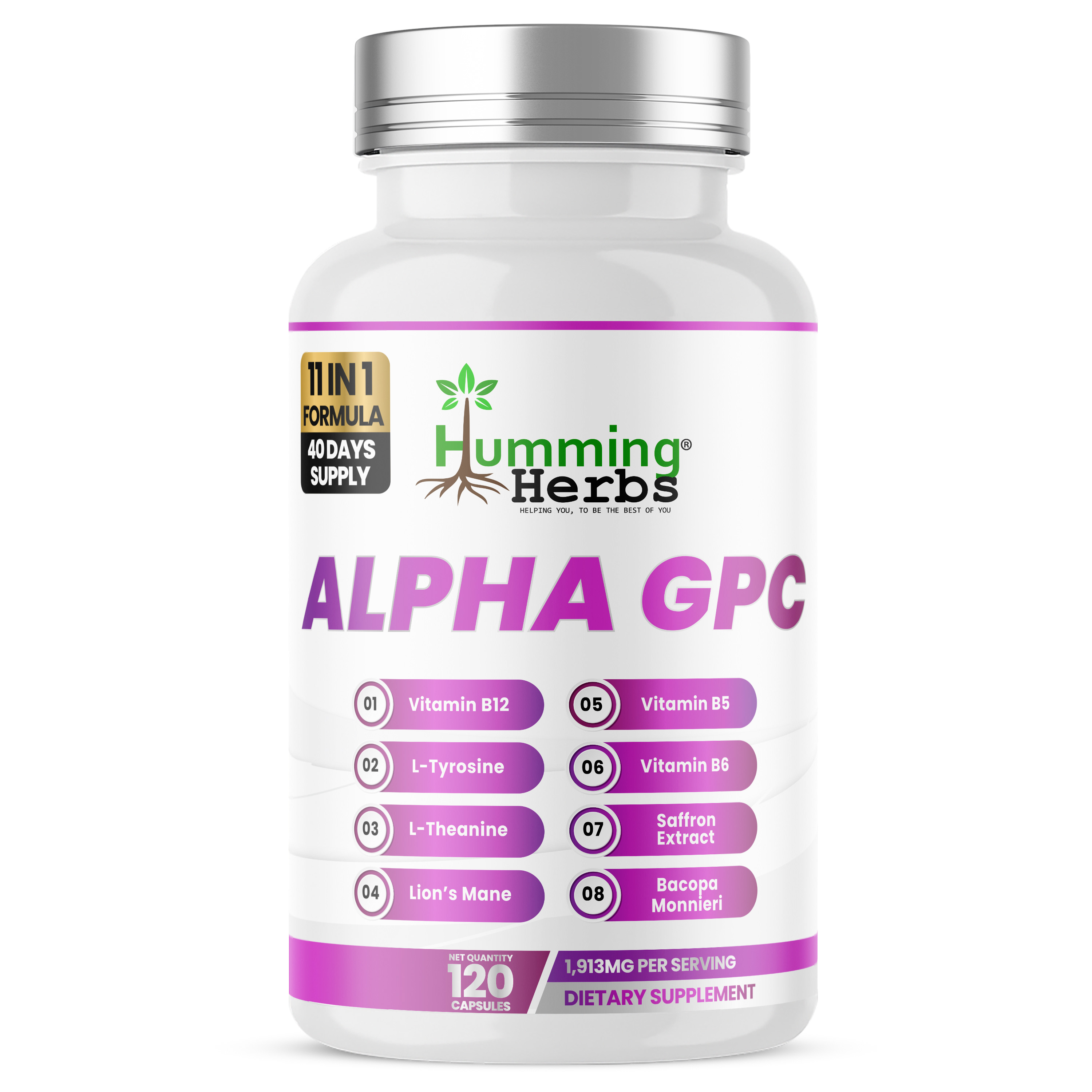 Humming Herbs® Alpha-GPC Complex, Lion's Mane 11-in-1, 120 Caps — front of bottle