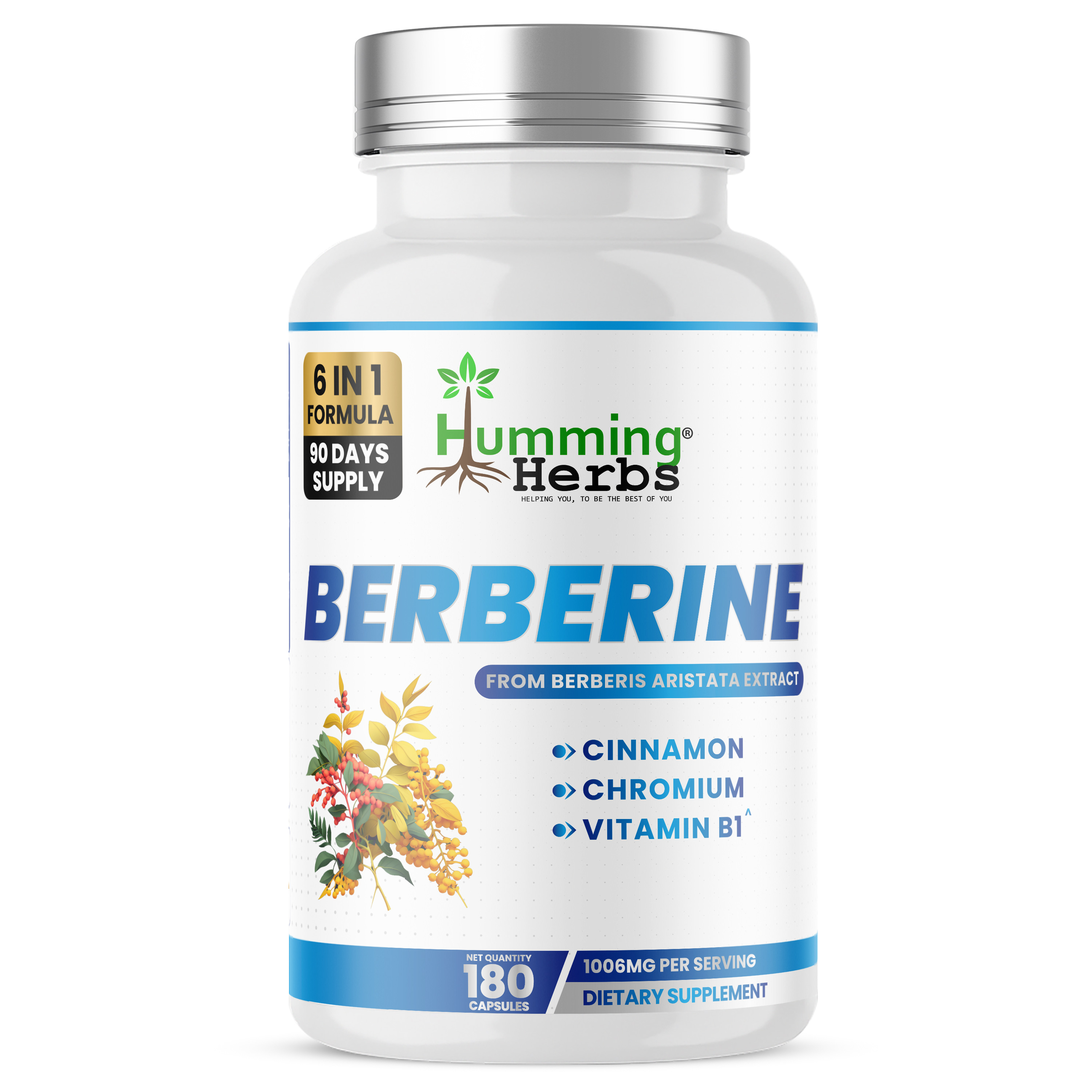 Humming Herbs® Berberine 6-in-1, Gymnema & Cinnamon, 180 Capsules — front of bottle
