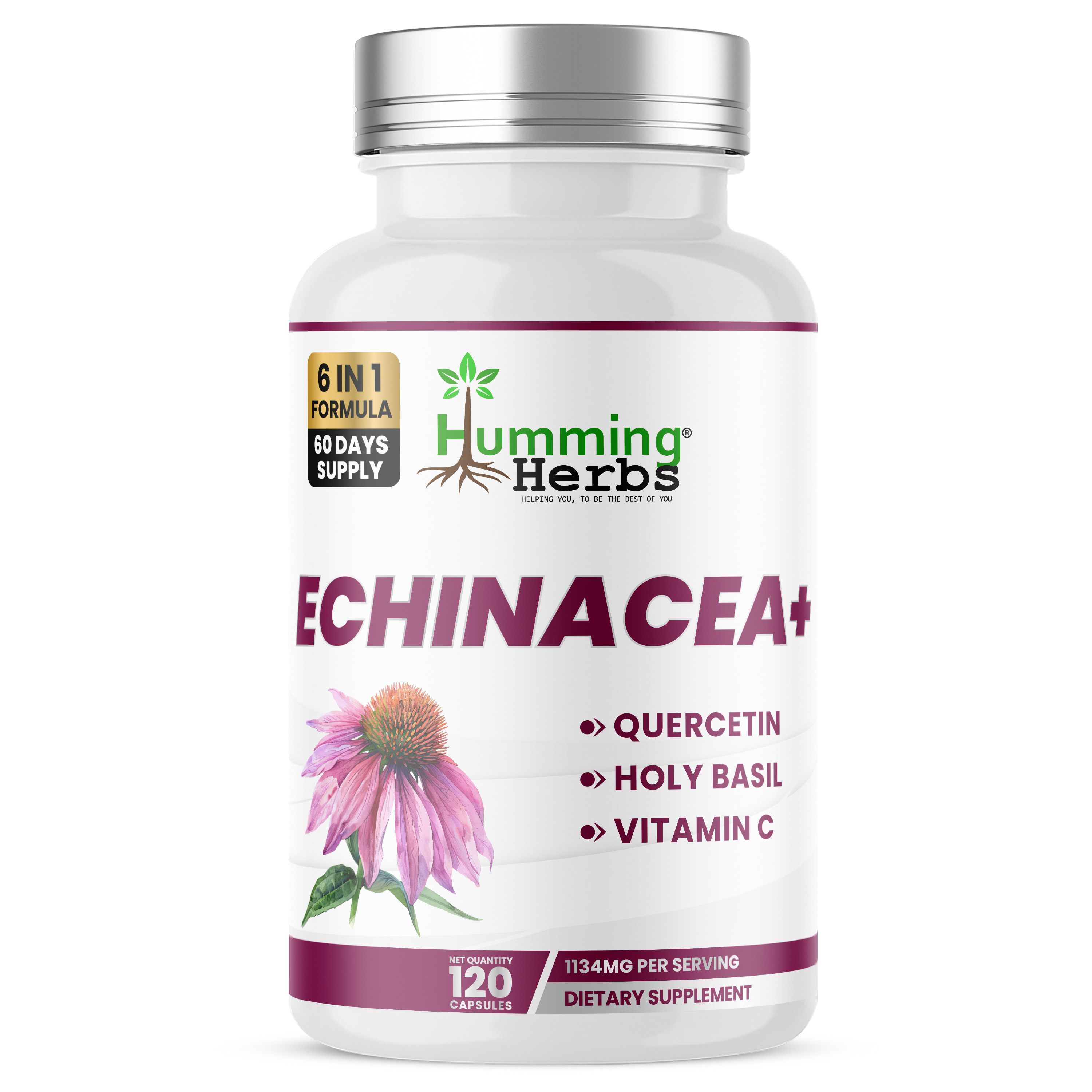 Humming Herbs® Echinacea 600mg 10:1, 6-in-1 Immune, 120 Capsules — front of bottle