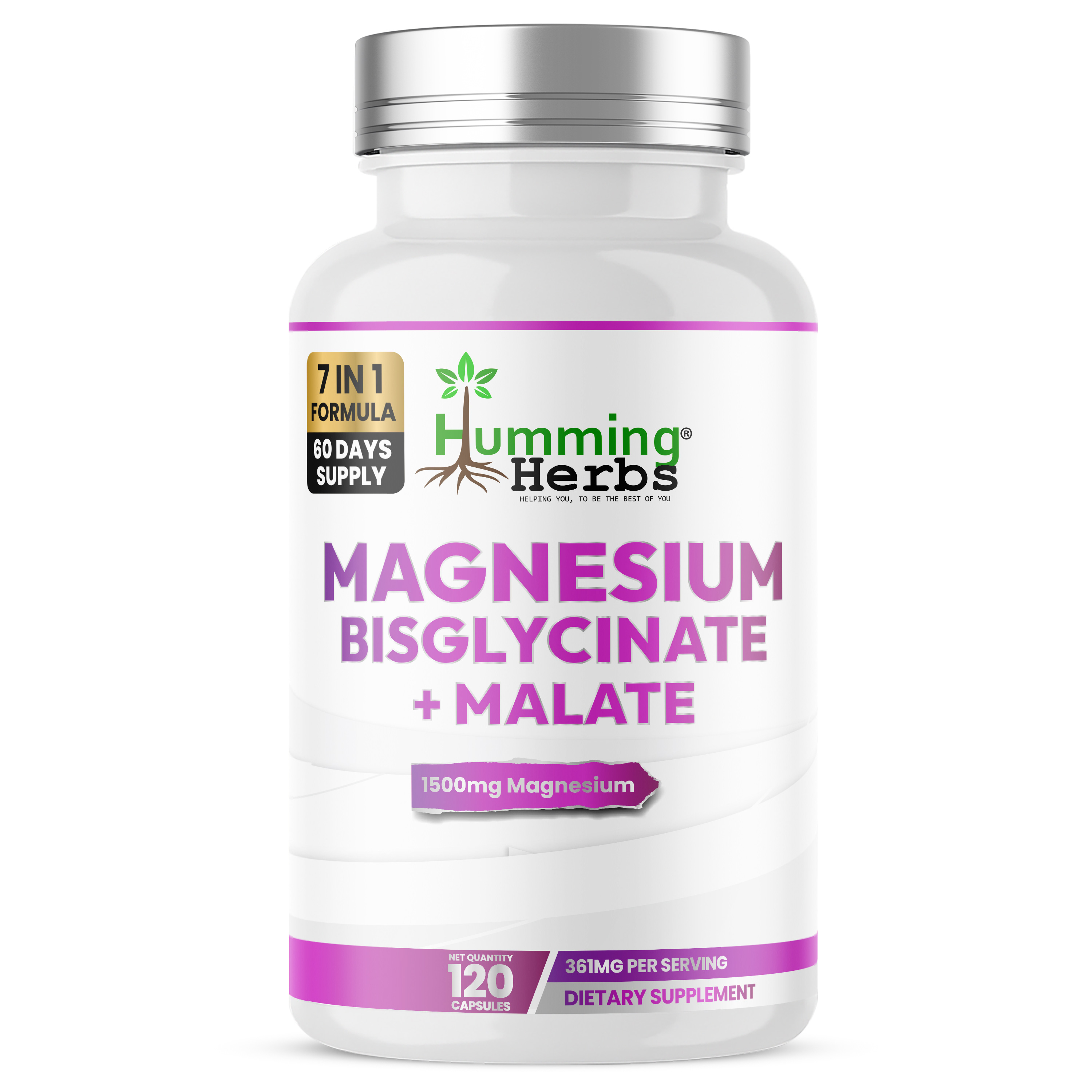 Humming Herbs® Magnesium 300mg Chelated with D3, K2 & B6, 120ct — front of bottle