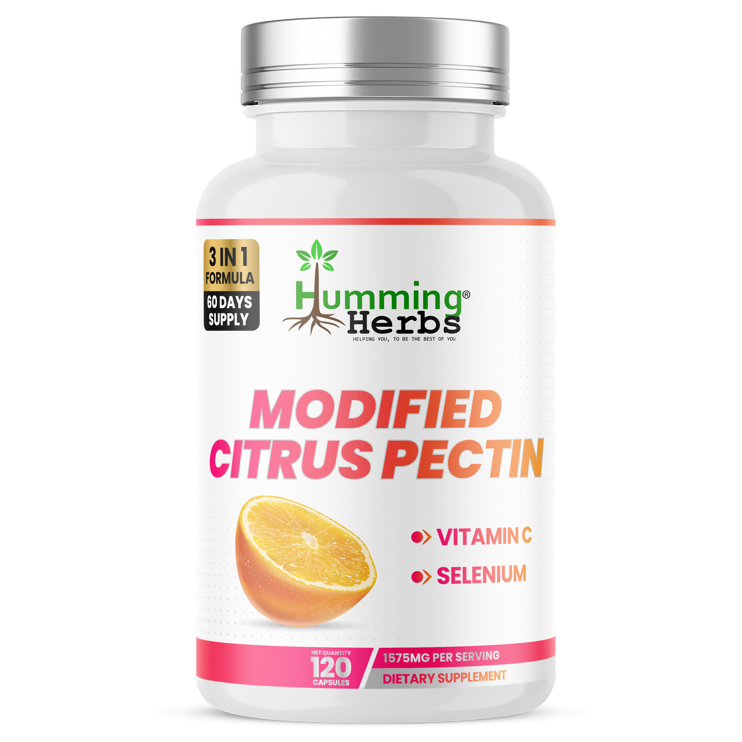 Humming Herbs® Modified Citrus Pectin 1500mg, Low MW, 120 Capsules — front of bottle