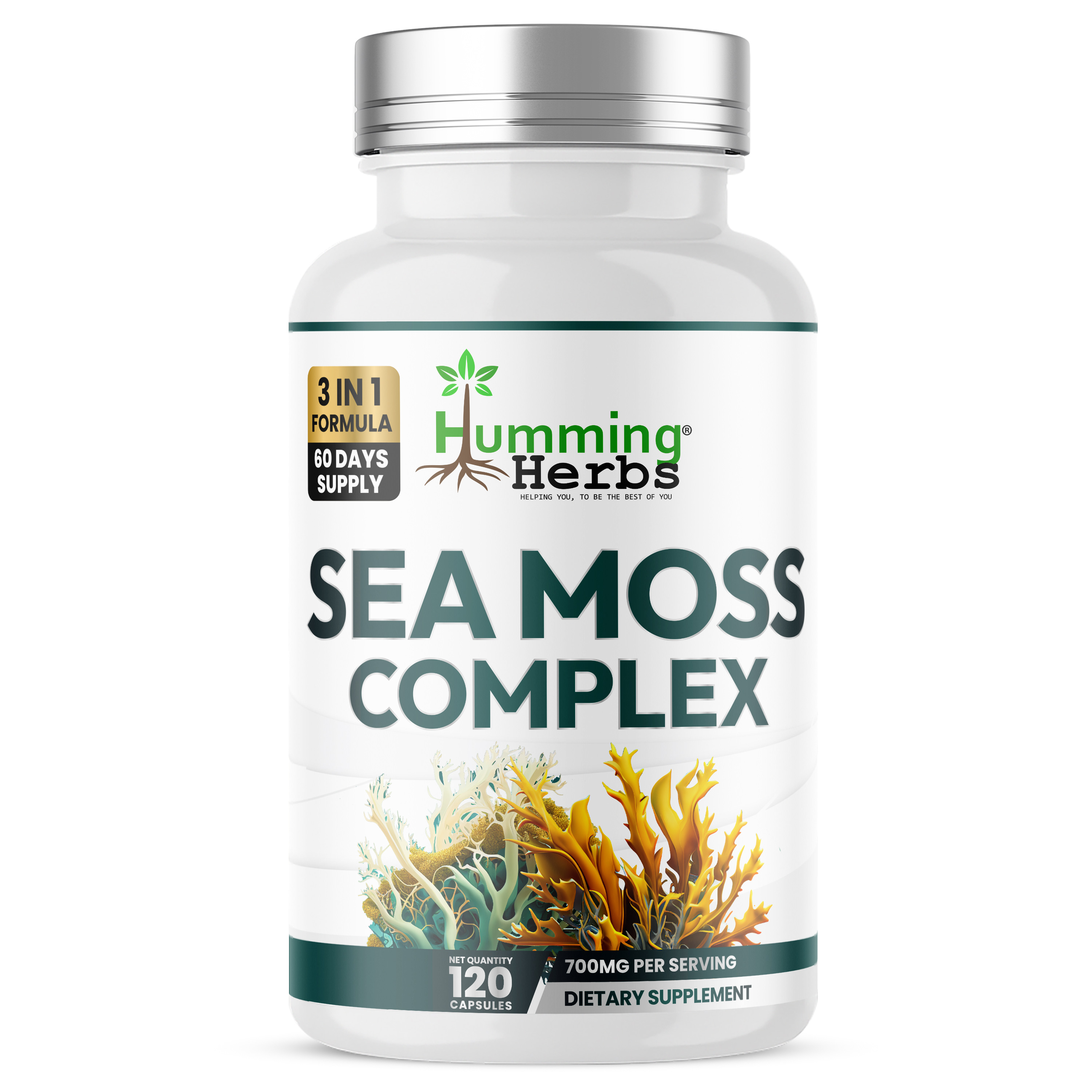 Humming Herbs® Sea Moss 20:1, Bladderwrack & Burdock, 120 Capsules — front of bottle