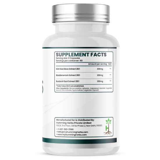 Humming Herbs® Sea Moss 20:1, Bladderwrack & Burdock, 120 Capsules — Supplement Facts panel