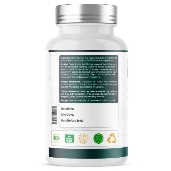 Humming Herbs® Sea Moss 20:1, Bladderwrack & Burdock, 120 Capsules — suggested use and warnings panel