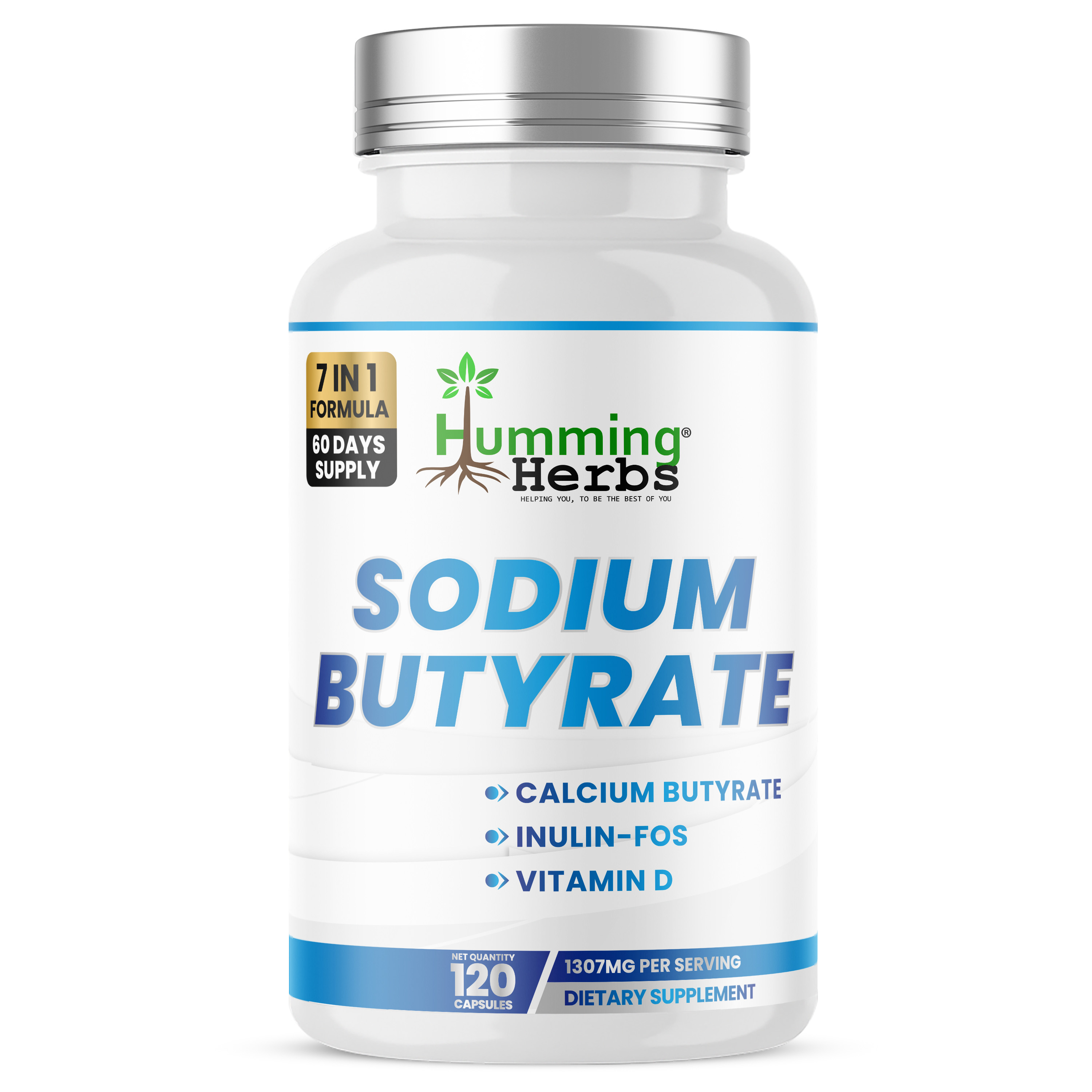 Humming Herbs® Sodium Butyrate 600mg 7-in-1 with Probiotics, 120ct — front of bottle