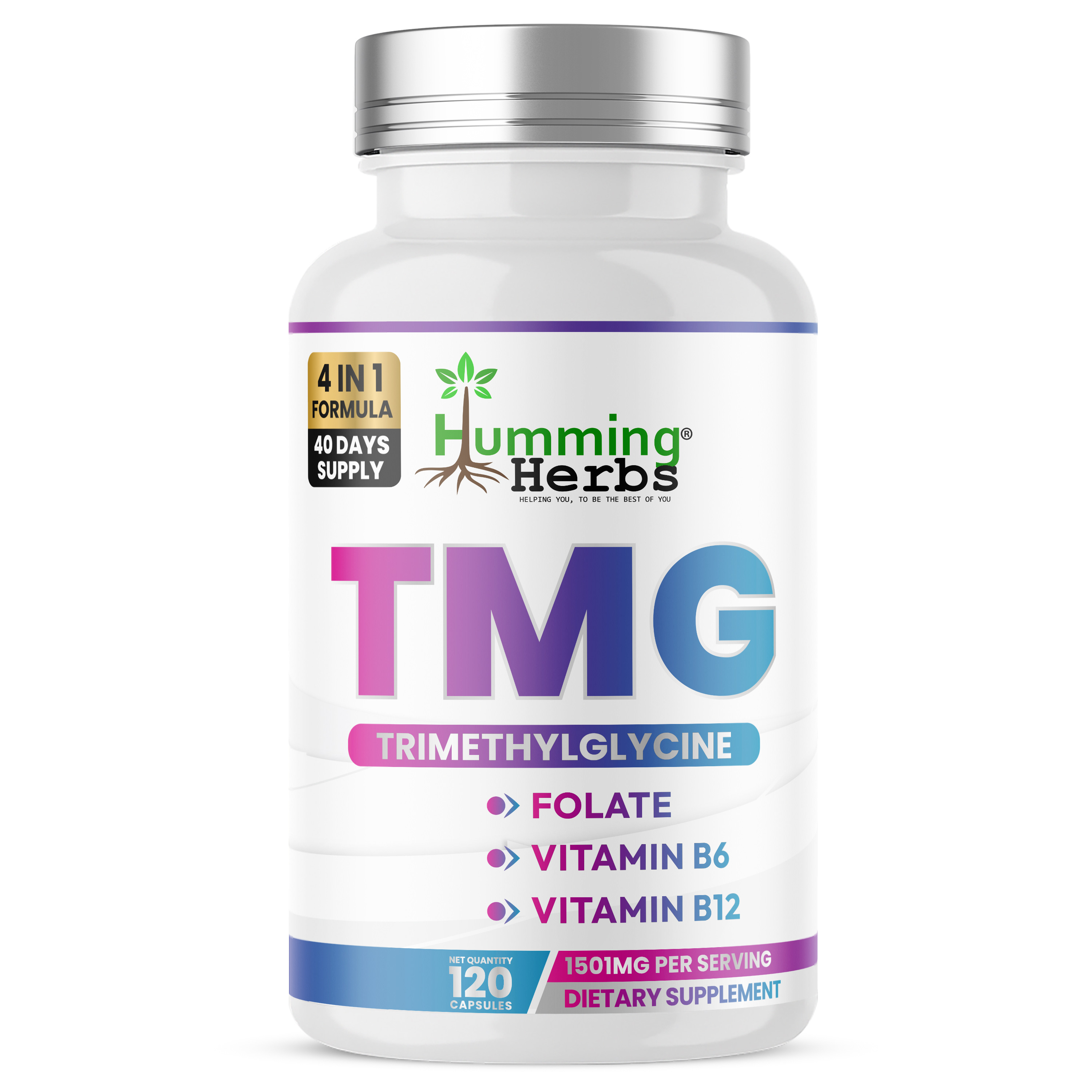 Humming Herbs® TMG 1500mg with Methylated B Vitamins, 120 Capsules — front of bottle