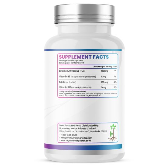 Humming Herbs® TMG 1500mg with Methylated B Vitamins, 120 Capsules — Supplement Facts panel